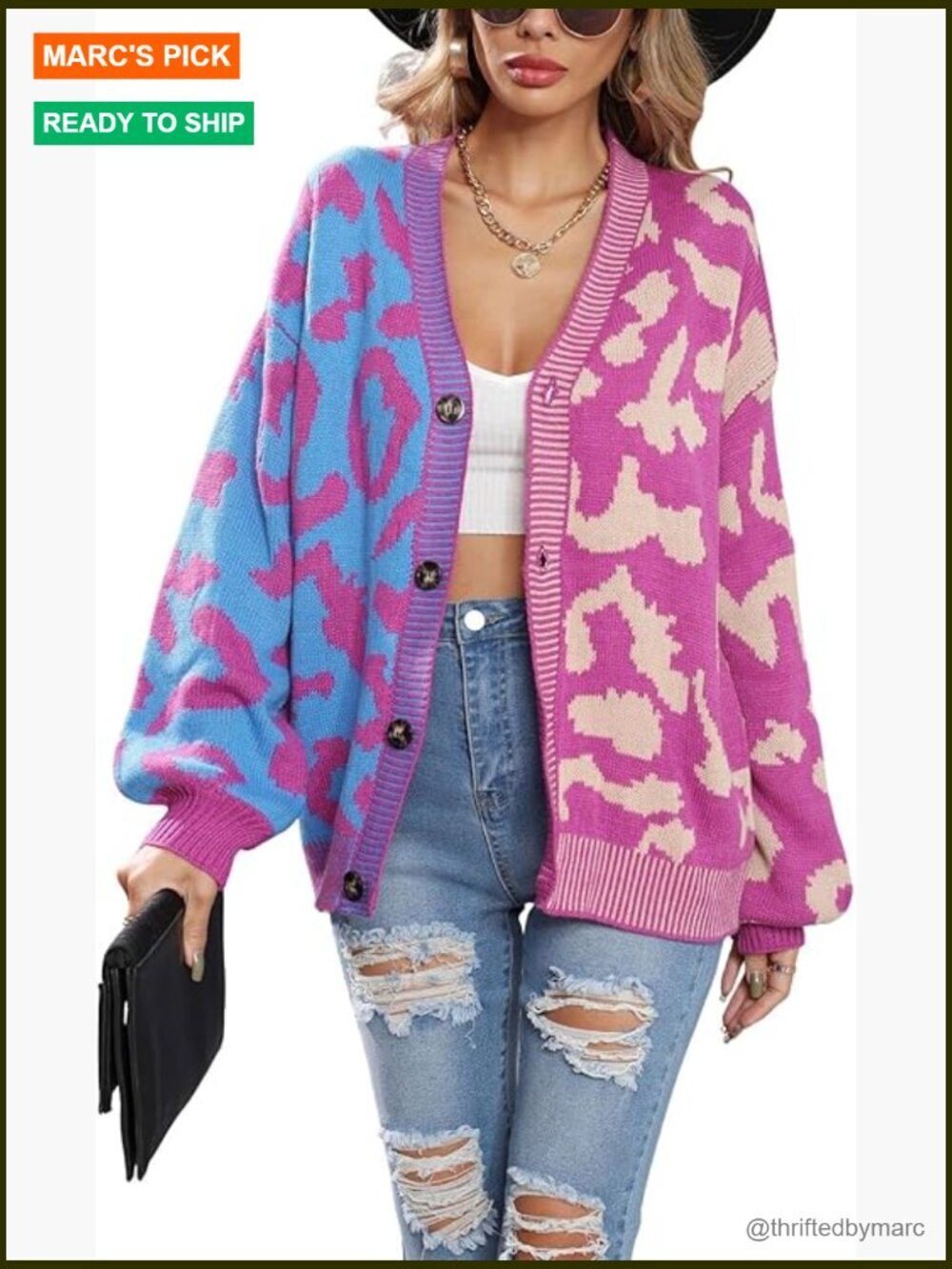 Color Block Leopard Print Button Down Cardigan Sweater Long Sleeve V-Neck